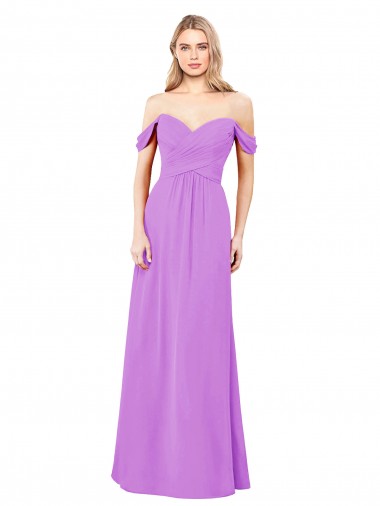 Magasins de Violet Trapèze Épaule Dénudée Mousseline Longue Robes demoiselle d'honneur